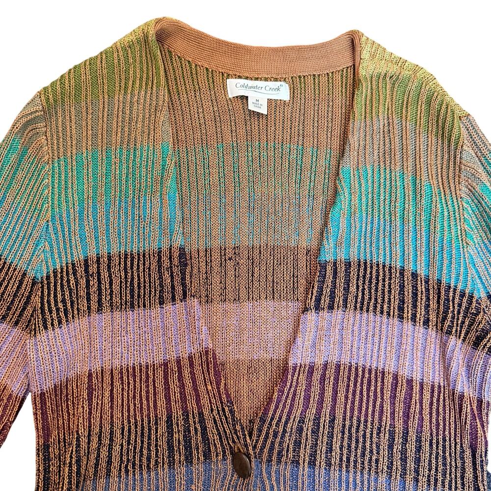 striped Knit Cardigan Single Button Earth Tone Sweater M Whimsygoth - Picture 4 of 9
